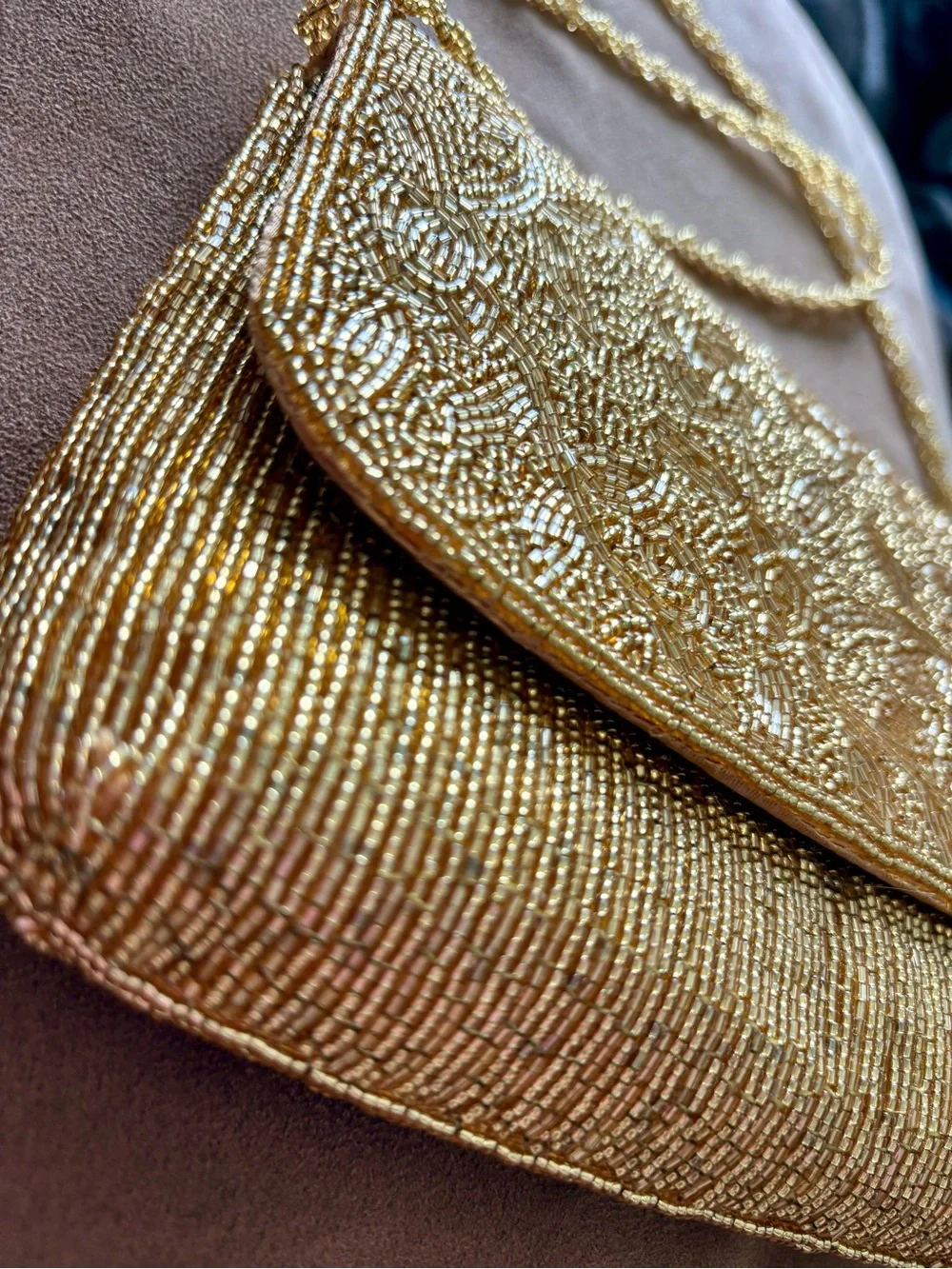 Gold Glitz Beaded Evening Clutch with Lacey Gold Chain Strap